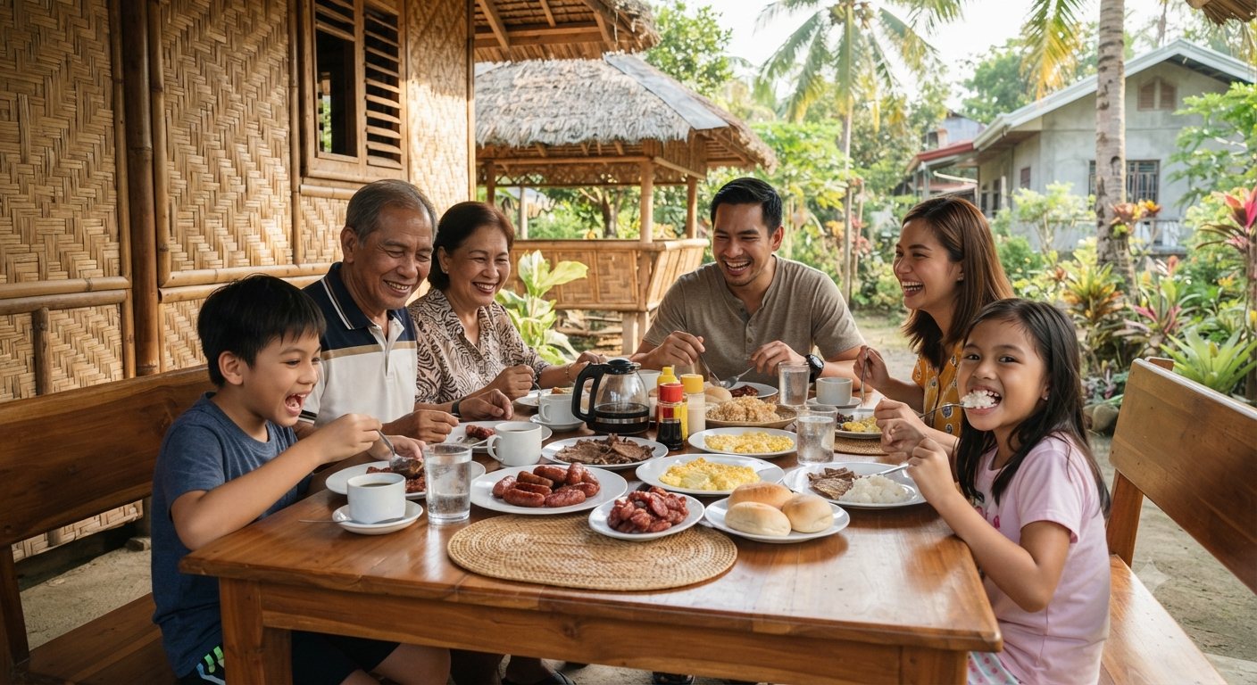A Filipino family sharing a home breakfast of longanisa, tocino, tapa, and rice